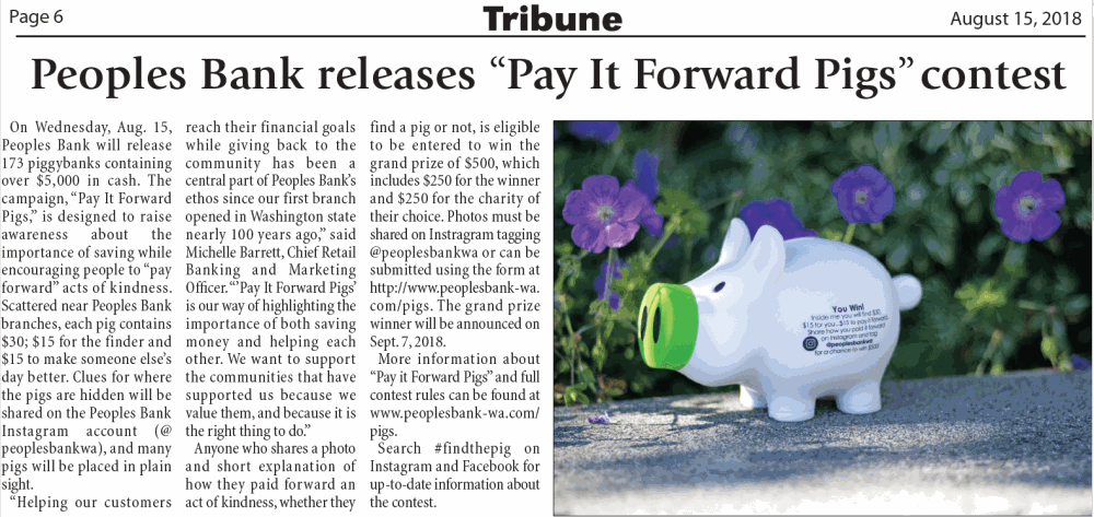 Pay It Forward Pigs in the Snohomish Tribune