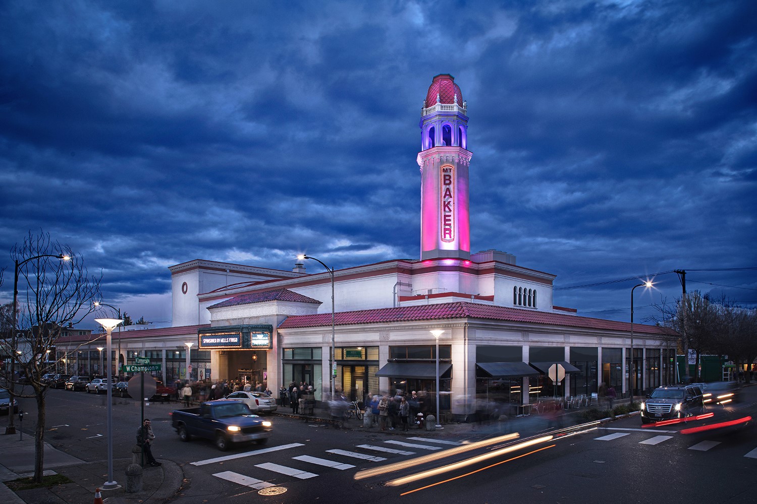 Outside view of the Mount Baker Theatre in the evening